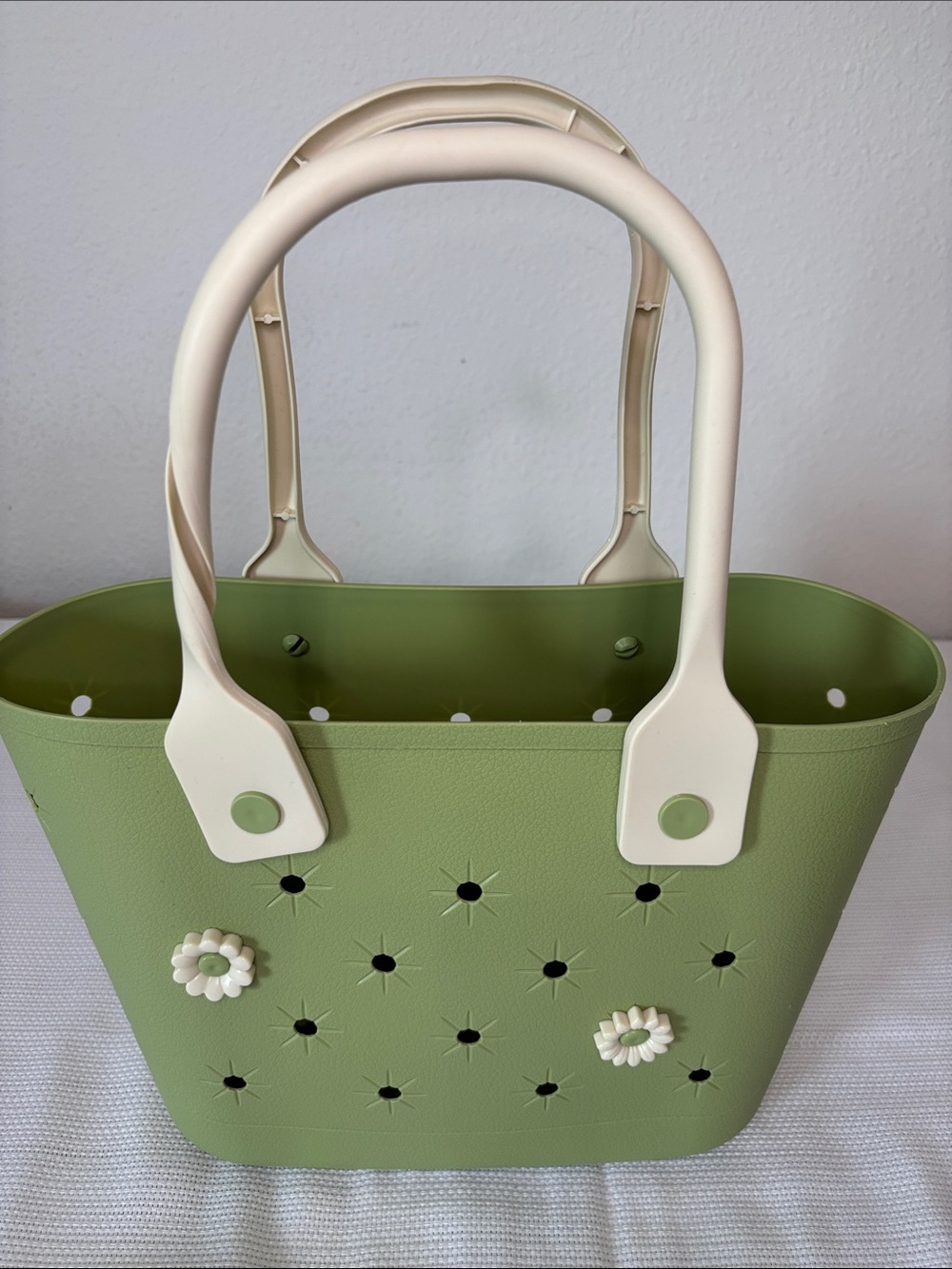 Cream Handle Green Tote Bag with Floral Accents